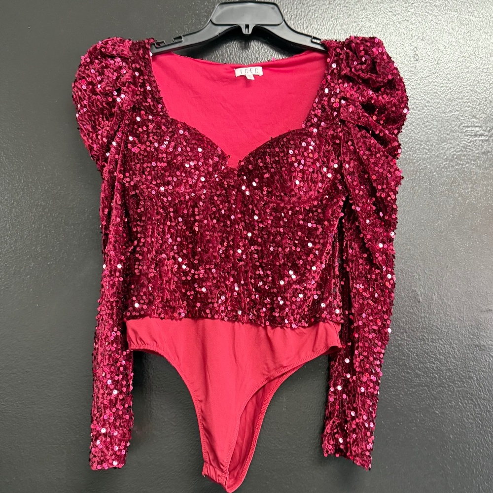 Red Sequin Long-Sleeve Bodysuit with Sweatheart Neckline. Size Medium.